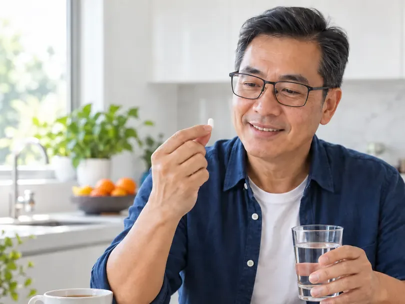 A man taking a tablet with a glass of water