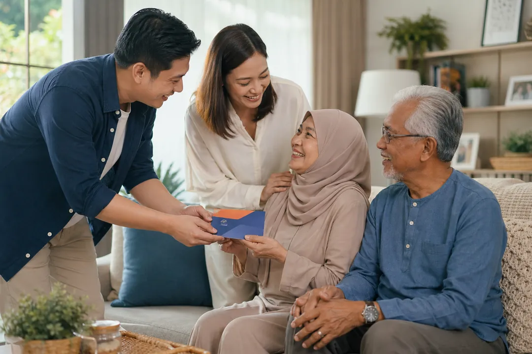 A couple handing a CarePass envelope to their smiling parents at home